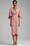 Pink Chiffon Ruffle Seeves Tea Length Mother of the Bride Dress