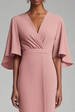 Pink Chiffon Ruffle Seeves Tea Length Mother of the Bride Dress