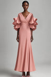 Pink V-Neck Ruffle Seeves Sheath Mother of the Bride Dress