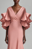 Pink V-Neck Ruffle Seeves Sheath Mother of the Bride Dress