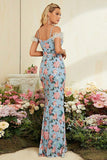 Blue Mermaid Floral Cold Shoulder Long Formal Dress