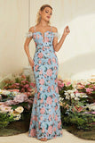 Blue Mermaid Floral Cold Shoulder Long Formal Dress