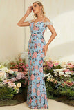 Blue Mermaid Floral Cold Shoulder Long Formal Dress