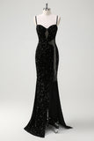 Sparkly Black Corset Mermaid Tassel Sequined Formal Dress with Slit