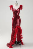 Burgundy Sequined Feather Sheath Prom Dress with Slit