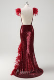 Burgundy Sequined Feather Sheath Prom Dress with Slit