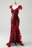 Burgundy Sequined Feather Sheath Prom Dress with Slit