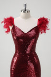 Burgundy Sequined Feather Sheath Prom Dress with Slit