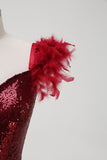 Burgundy Sequined Feather Sheath Prom Dress with Slit