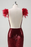 Burgundy Sequined Feather Sheath Prom Dress with Slit