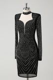 Glitter Beaded Long Sleeves Midi Sheath Formal Dress