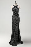 Black Halter Pearl Mermaid Backless Formal Dress with Slit