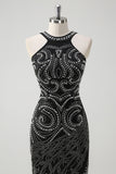 Black Halter Pearl Mermaid Backless Formal Dress with Slit