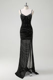 Black Spaghetti Straps Beaded Sheath Formal Dress with Slit