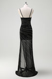 Black Spaghetti Straps Beaded Sheath Formal Dress with Slit