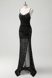 Black Spaghetti Straps Beaded Sheath Formal Dress with Slit