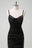 Black Spaghetti Straps Beaded Sheath Formal Dress with Slit