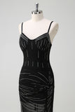 Black Spaghetti Straps Beaded Sheath Formal Dress with Slit