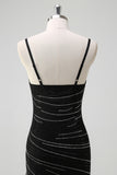 Black Spaghetti Straps Beaded Sheath Formal Dress with Slit