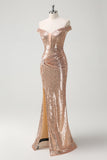 Glitter Champagne Off the Shoulder Sequined Formal Dress with Slit