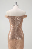 Glitter Champagne Off the Shoulder Sequined Formal Dress with Slit