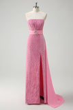 Pink Strapless Sequined Side Cape Column Prom Dress with Slit