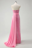 Pink Strapless Sequined Side Cape Column Prom Dress with Slit