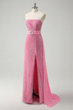 Pink Strapless Sequined Side Cape Column Prom Dress with Slit