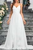 White A Line Spaghetti Straps Pleated Long Formal Dress