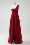 Burgundy One Shoulder Pleated A-Line Wedding Guest Dress with Slit