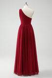 Burgundy One Shoulder Pleated A-Line Wedding Guest Dress with Slit