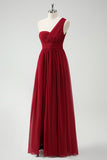 Burgundy One Shoulder Pleated A-Line Wedding Guest Dress with Slit