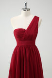 Burgundy One Shoulder Pleated A-Line Wedding Guest Dress with Slit