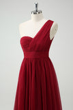 Burgundy One Shoulder Pleated A-Line Wedding Guest Dress with Slit