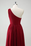 Burgundy One Shoulder Pleated A-Line Wedding Guest Dress with Slit