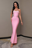 Sparkly Pink Mermaid Strapless Beaded Corset Long Formal Dress