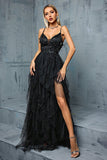 Black A-Line Spaghetti Straps Ruffles Tulle Long Formal Dress with Slit