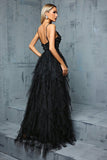 Black A-Line Spaghetti Straps Ruffles Tulle Long Formal Dress with Slit