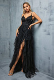 Black A-Line Spaghetti Straps Ruffles Tulle Long Formal Dress with Slit