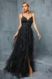 Black A-Line Spaghetti Straps Ruffles Tulle Long Formal Dress with Slit