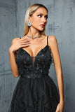 Black A-Line Spaghetti Straps Ruffles Tulle Long Formal Dress with Slit