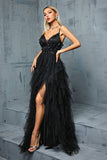 Black A-Line Spaghetti Straps Ruffles Tulle Long Formal Dress with Slit