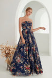 Printed Floral Navy Strapless A Line Long Formal Dress