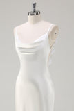 White Satin Cowl Neck Backless Formal Dress