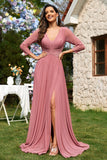 Dusty Rose A-Line V-neck Long Sleeves Chiffon Long Formal Dress