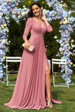 Dusty Rose A-Line V-neck Long Sleeves Chiffon Long Formal Dress