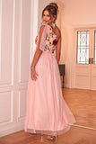 Blush Floral One Shoulder A-Line Tulle Tea Length Formal Dress