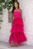 Fuchsia Spaghetti Straps A-Line Tulle Tiered Long Corset Formal Dress