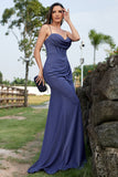 Sparkly Navy Mermaid Spaghetti Straps Corset Ruched Formal Dress with Slit