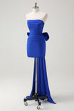 Royal Blue Strapless Short Prom Dress With Big Bow Flowing Train